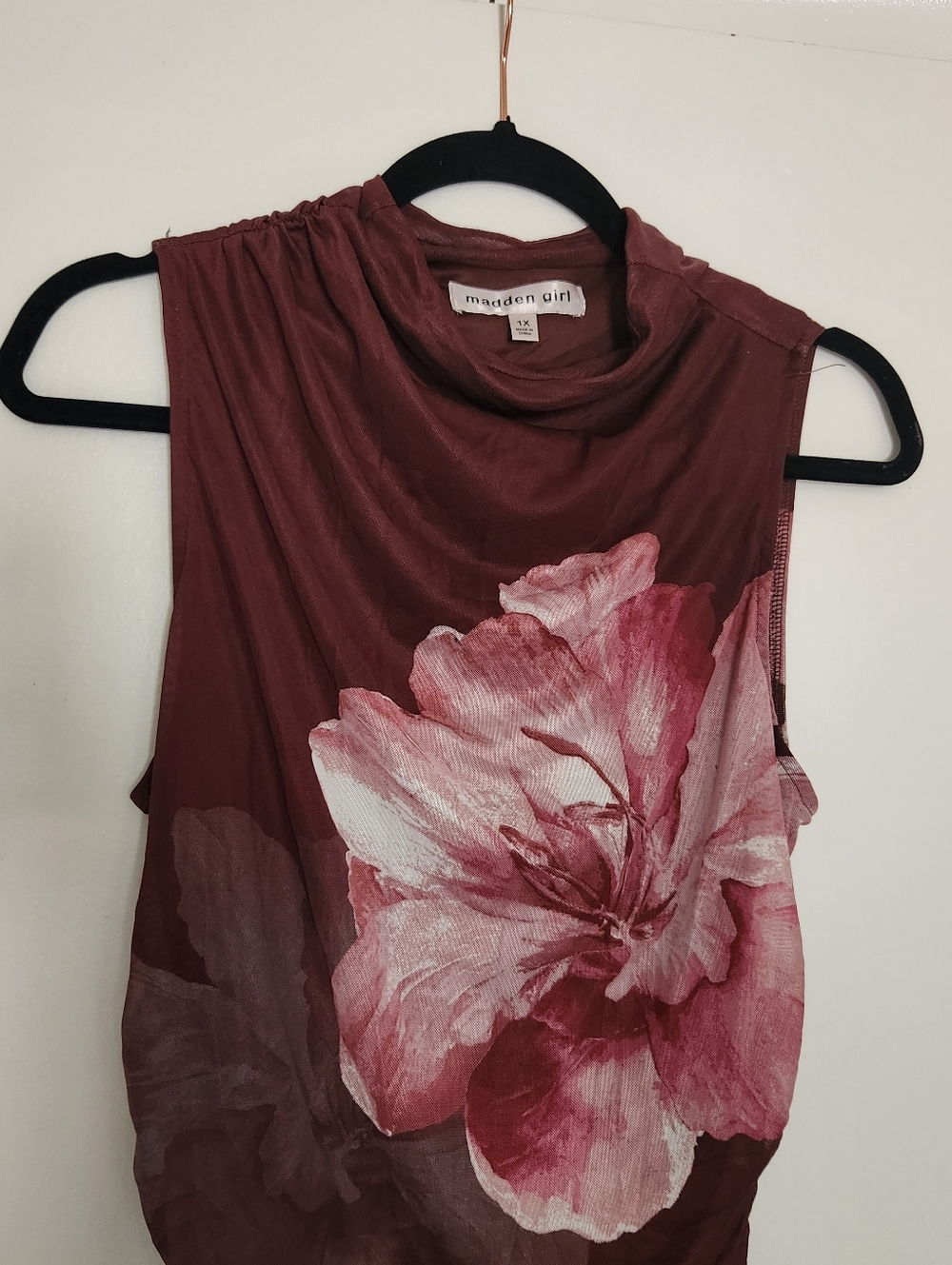 Madden Girl Brown Sleeveless Mock Neck Tank with Pink Floral